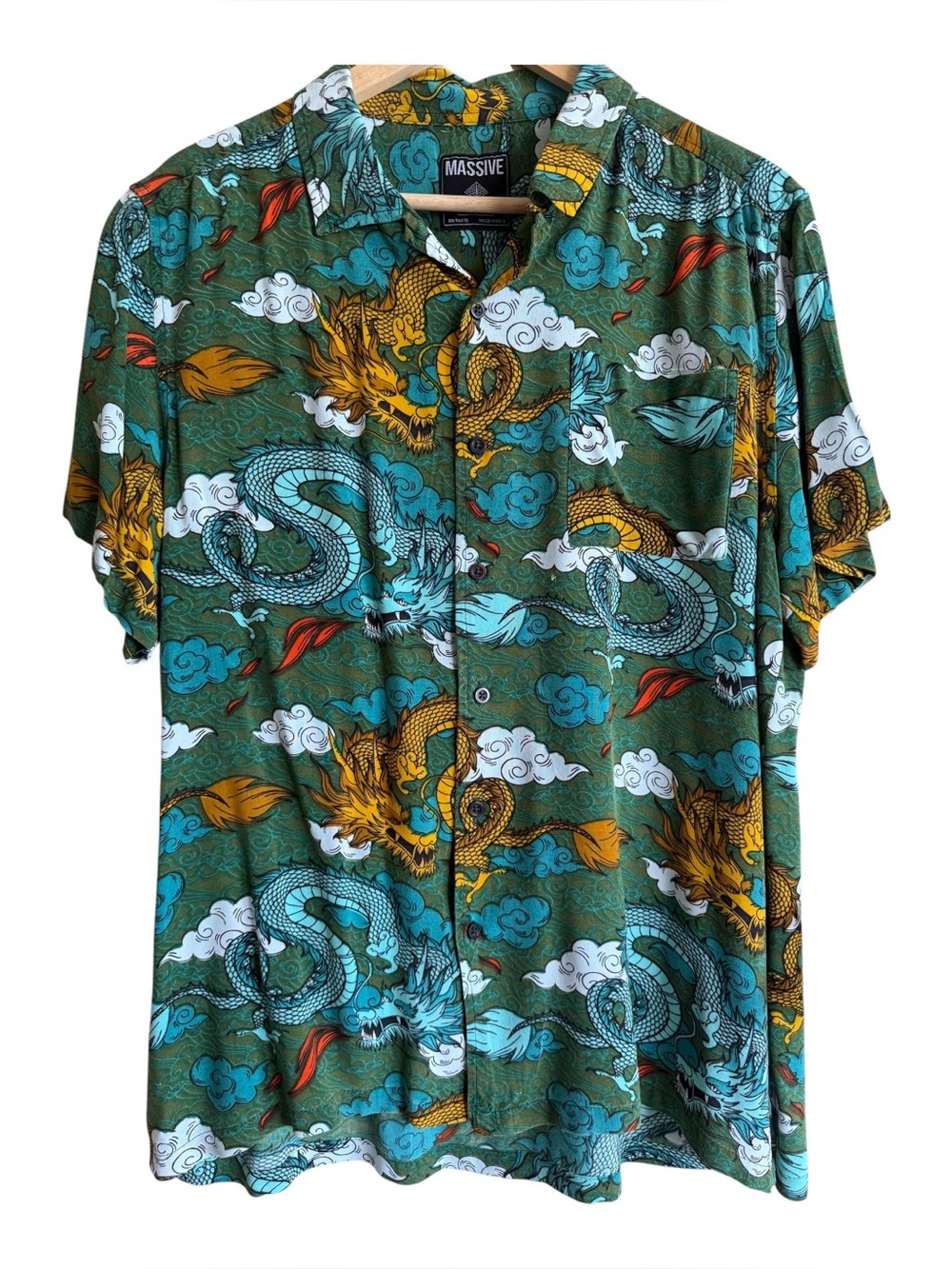 MASSIVE Dragon Clouds Fire Rayon Hawaiian Camp Shirt Men, size M